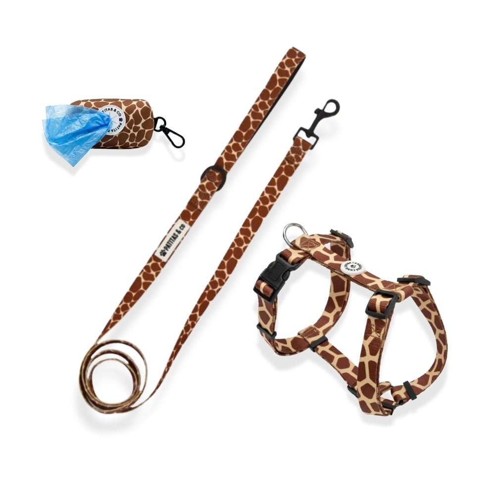 Pack Patitas Arnés Classic Jirafa + Correa + Porta Bolsas Accesorios de Paseo para Perro Patitas&co