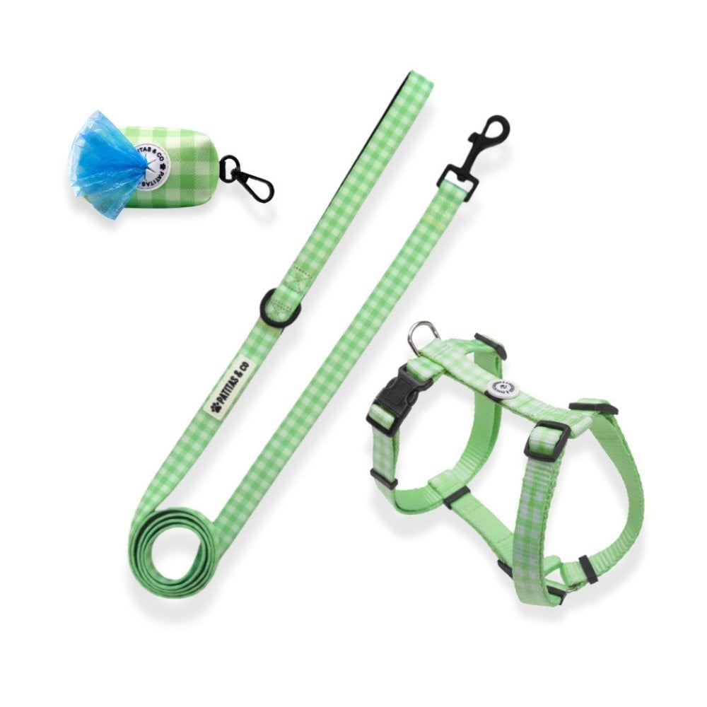 Pack Patitas Arnés Classic Vichy + Correa + Porta Bolsas Accesorios de Paseo para Perro Patitas&co