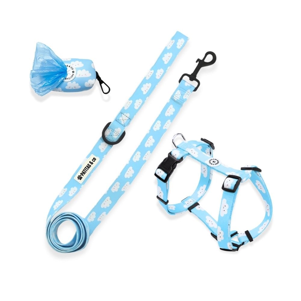 Pack Patitas Arnés Classic Nubes + Correa + Porta Bolsas Accesorios de Paseo para Perro Patitas&co