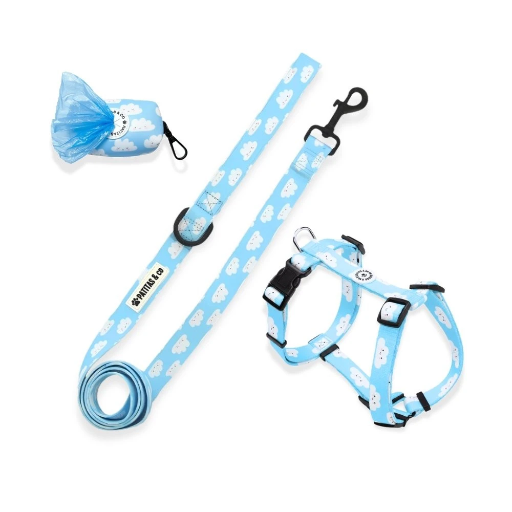 Pack Patitas Arnés Classic Nubes + Correa + Porta Bolsas Accesorios de Paseo para Perro Patitas&co