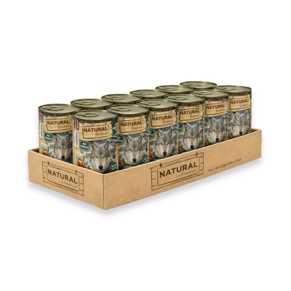 Pack 12 Latas Natural Greatness Cordero con Papaya y Arándanos para Perro Packs para Perros Patitas&co
