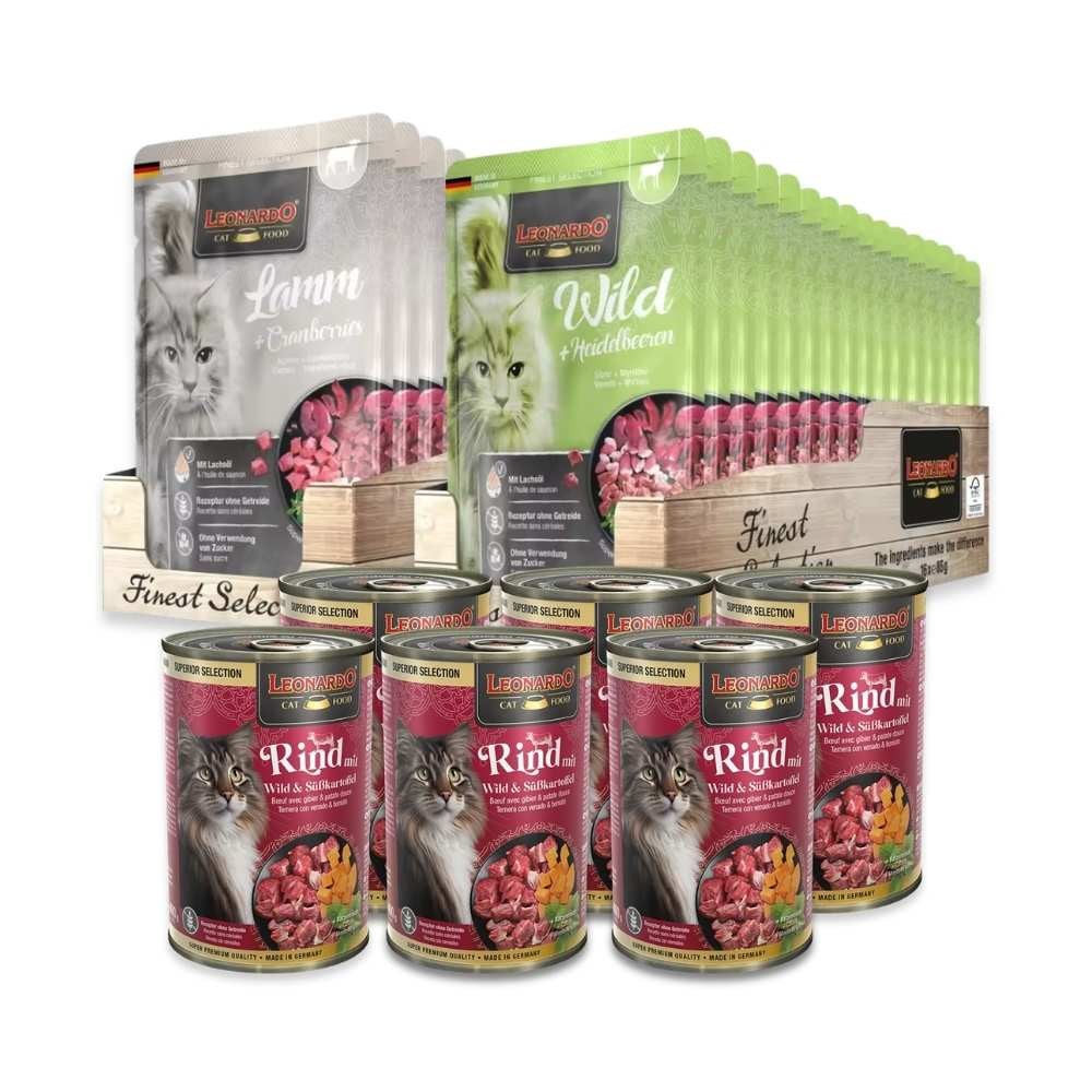 Pack Leonardo Esencia Salvaje (32 sobres + 6 latas) Packs para gatos Patitas&co