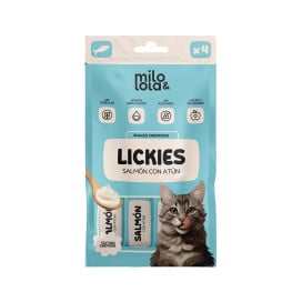 Milo y Lola Lickies (Snack Cremoso) de Salmón con Atún (4x15gr) Snacks para Gatos Patitas&co