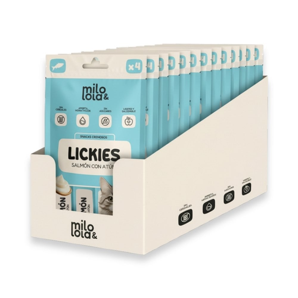Pack 12 Lickies (Snacks Cremosos) Milo y Lola de Salmón con Atún Gatos Patitas&co