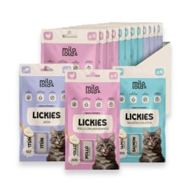 Pack Mixto 12 Lickies Milo y Lola con Atún, Pollo y Salmón Packs para gatos Patitas&co