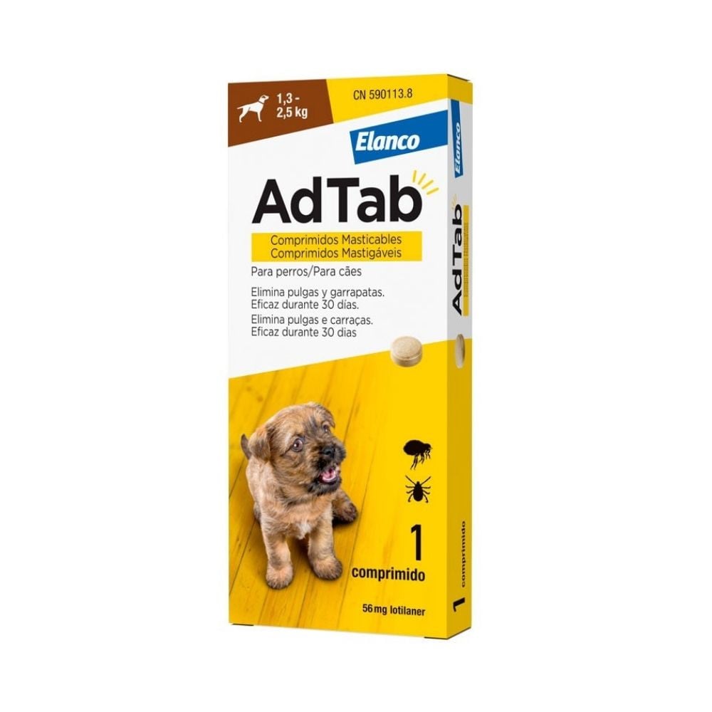 AdTab Comprimido Masticable Antiparasitario para Perros de 1,3 a 2,5 kg (1 ud) Antiparasitarios y Repelentes para perros Patitas