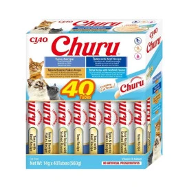 Churu Pack 40 Snacks de Atún con Bonito, Marisco y Ternera Snacks para Gatos Patitas&co