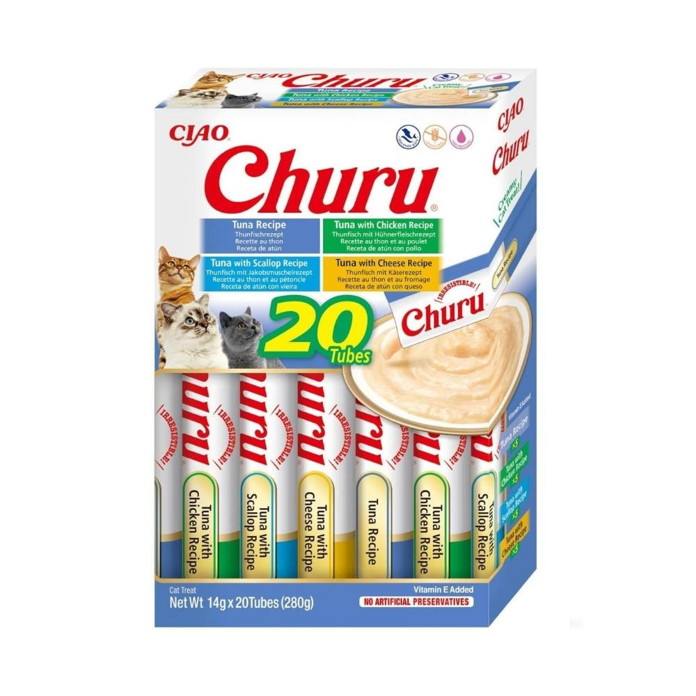 Churu Pack 20 Snacks de Atún con Pollo, Queso y Vieira Snacks para Gatos Patitas&co
