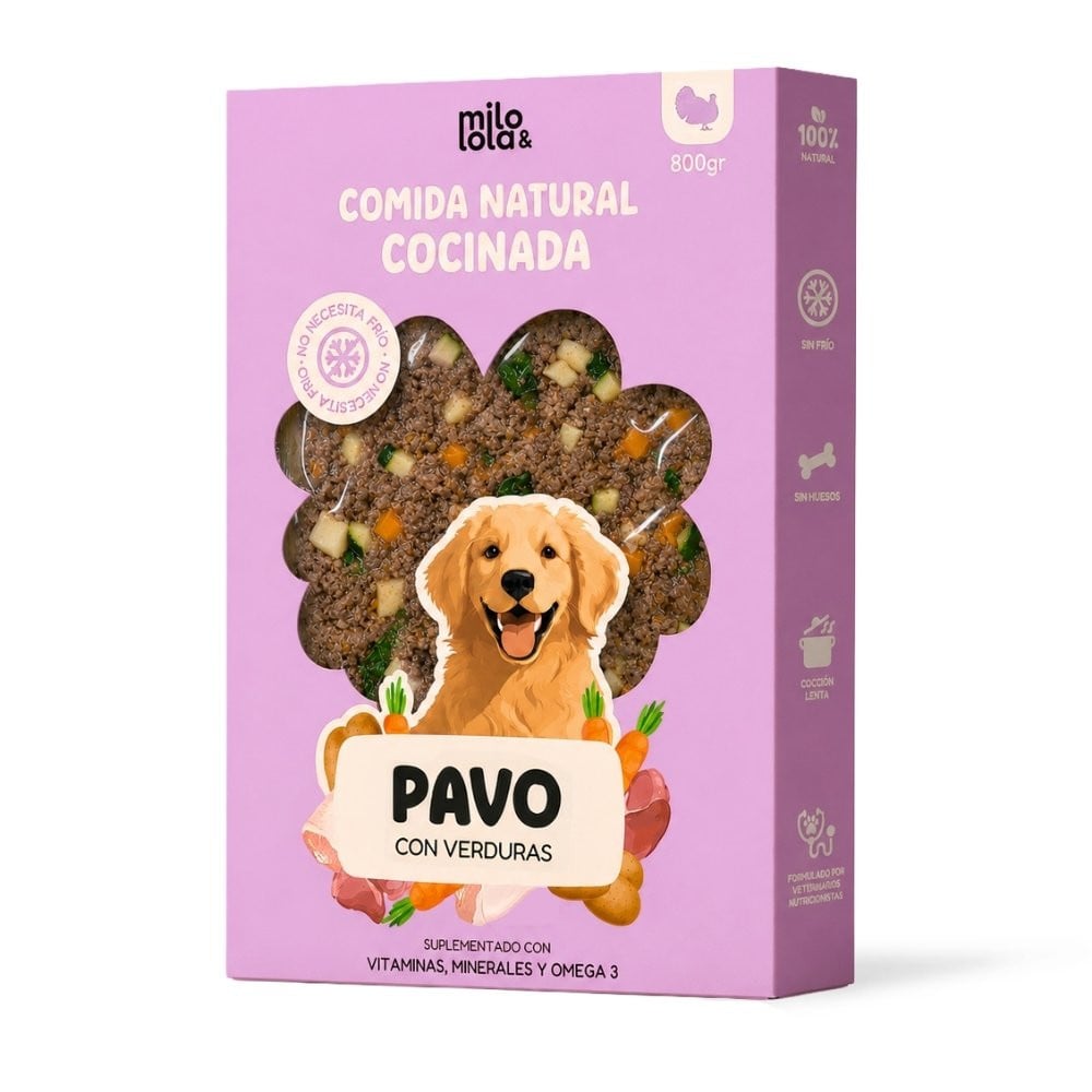 Milo y Lola Comida Natural Cocinada de Pavo para Perro Adulto Comida Cocinada para Perro Patitas&co
