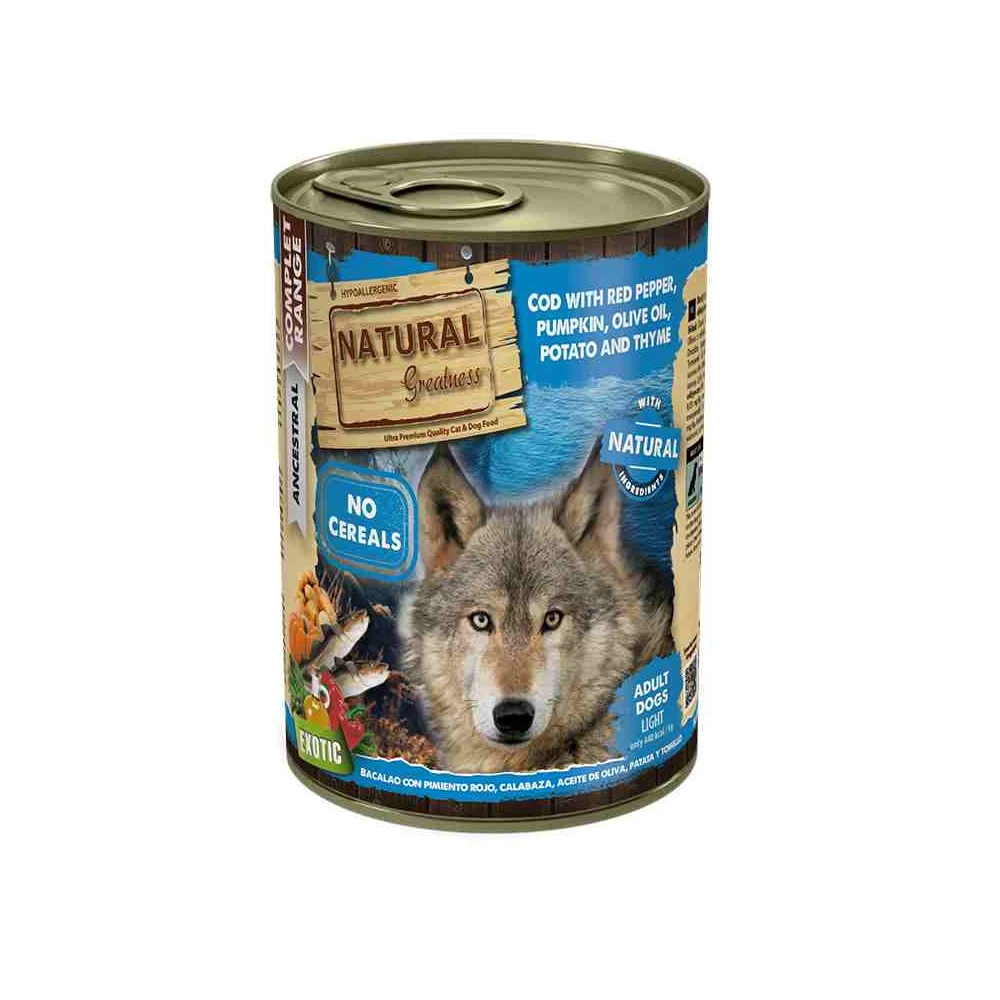 Natural Greatness Lata Bacalao, Pimiento rojo y Calabaza 390g Perro Comida húmeda para Perros Patitas&co
