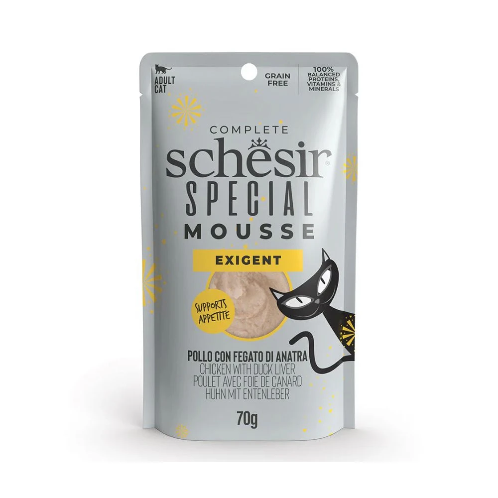 Schesir Mousse Exigent Pollo y Pato para Gatos 70g Comida húmeda para gatos Patitas&co
