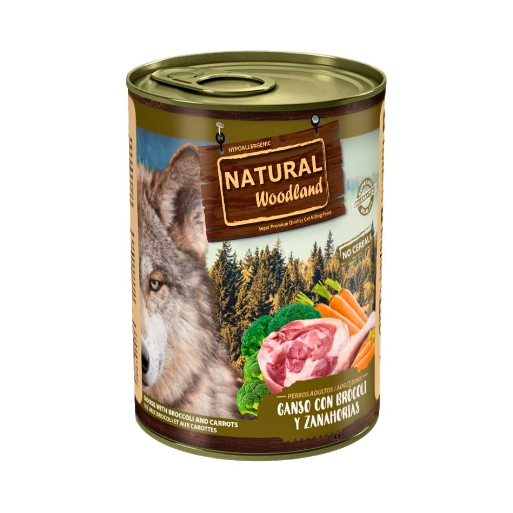 Natural Woodland Lata Ganso con Brócoli y Zanahorias para Perros 400g Comida húmeda para Perros Patitas&co