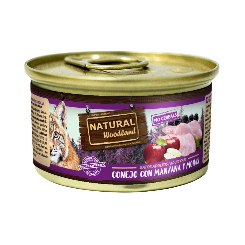 Natural Woodland Lata Conejo con Manzana y Mora para Gato 85g Comida húmeda para gatos Patitas&co