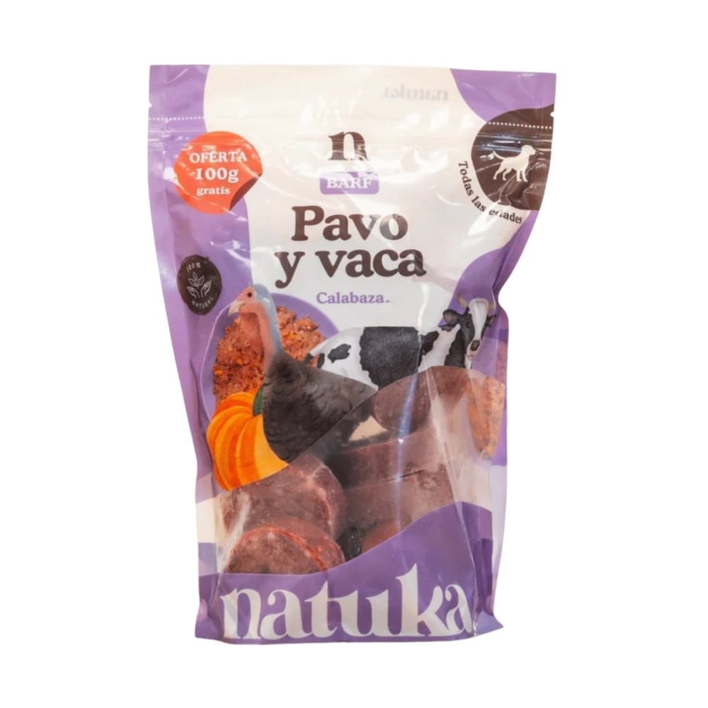 Natuka Menú BARF de Pavo y Vaca para Perro Comida Cocinada para Perro Patitas&co