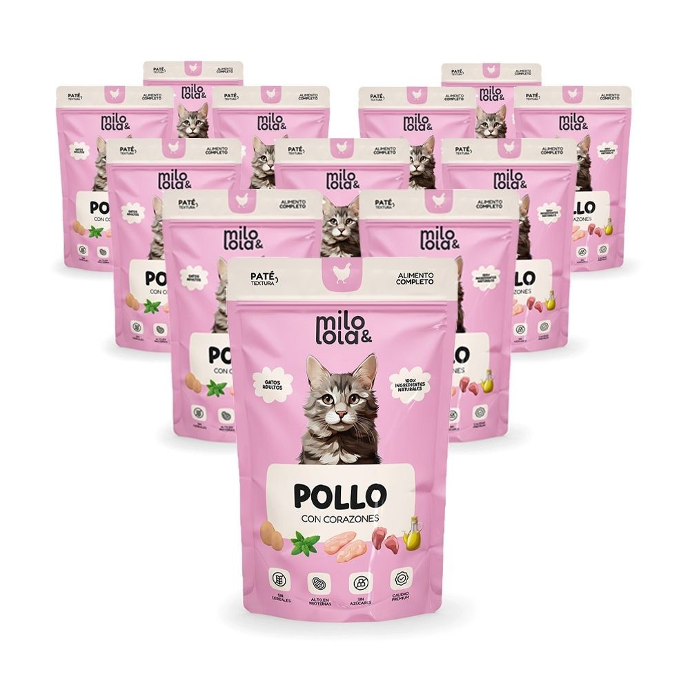 Pack 12 Sobres Milo y Lola de Pollo con Corazones para Gatos Comida húmeda para gatos Patitas&co