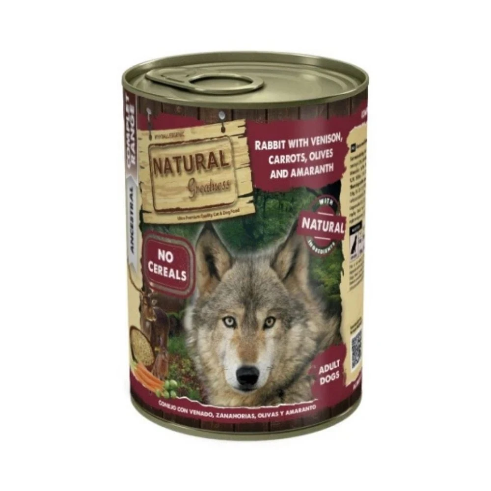 Natural Greatness Lata Conejo y Venado Comida Húmeda 400g Perro Comida húmeda para Perros Patitas&co