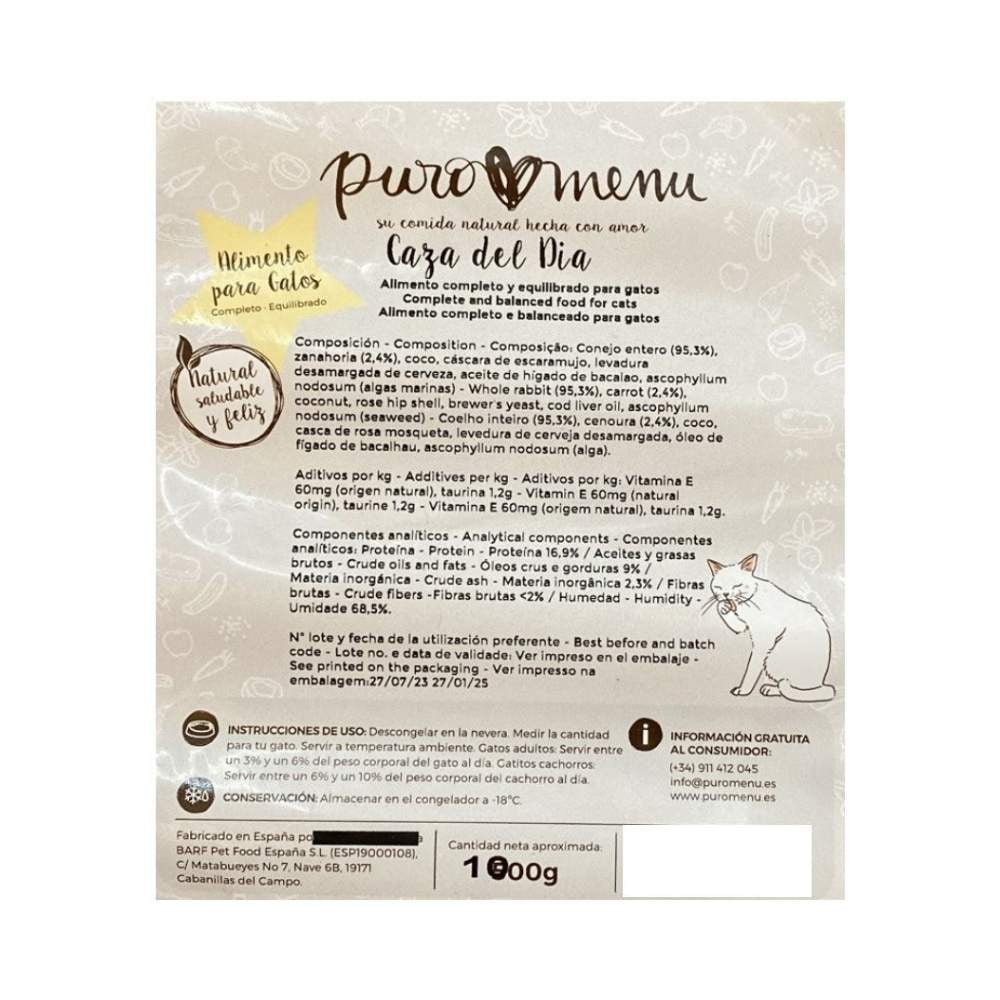 Dieta BARF Puromenu de Conejo (Caza del Día) para Gatos Dieta BARF Gatos Patitas&co