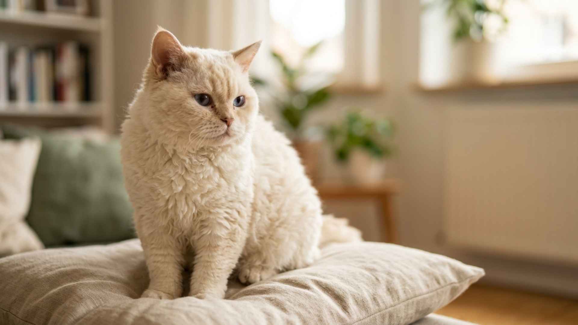 gato selkirk rex blanco de pelo rizado con ojos azules