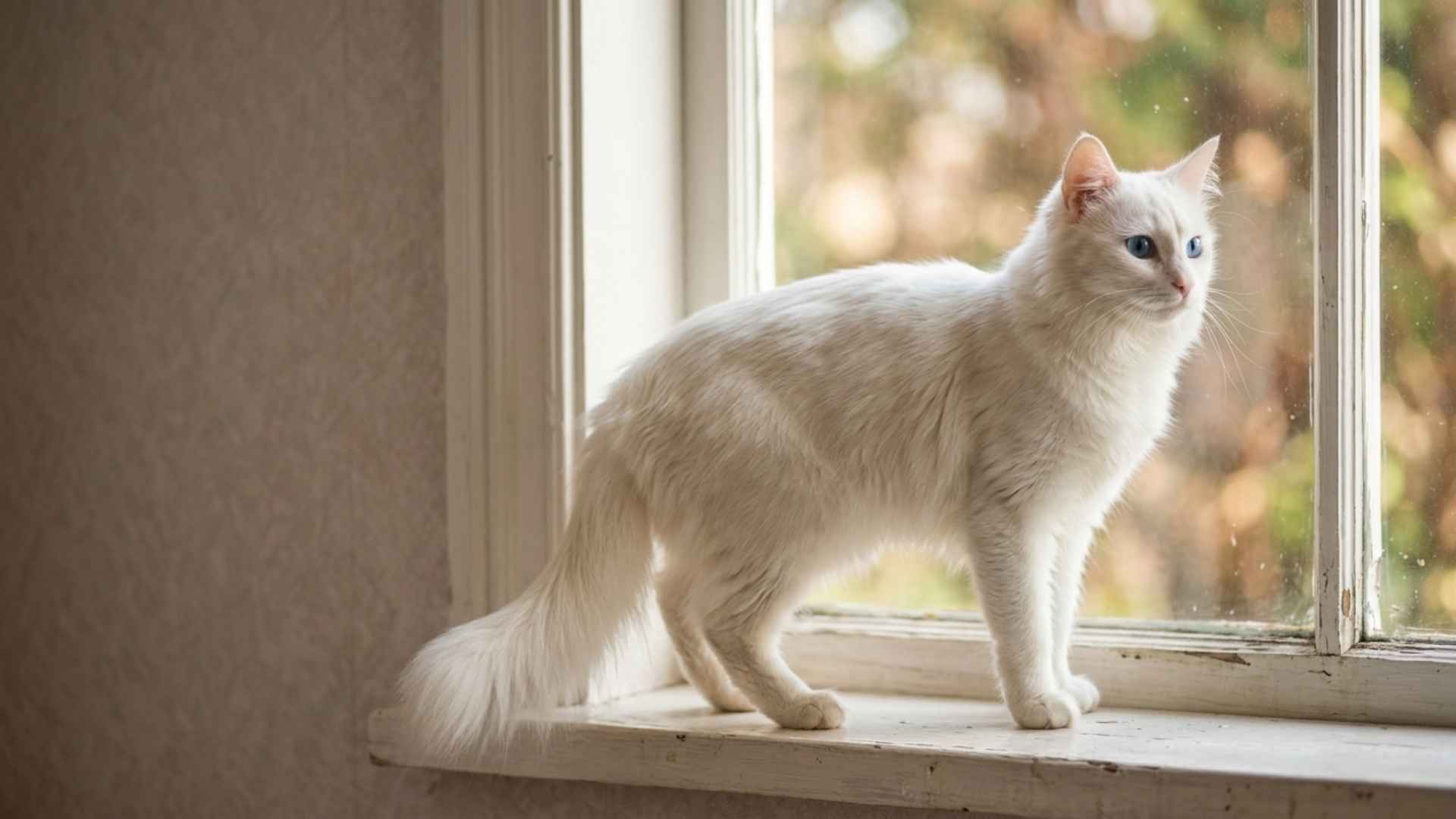 gato angora turco blanco de pelo largo con ojos azules