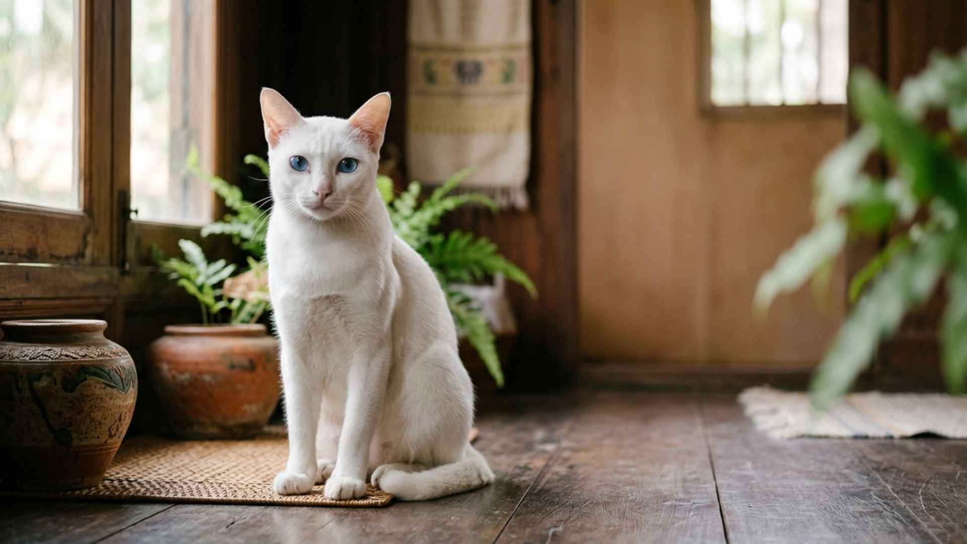 gato khao manee blanco de pelo corto con ojos azules