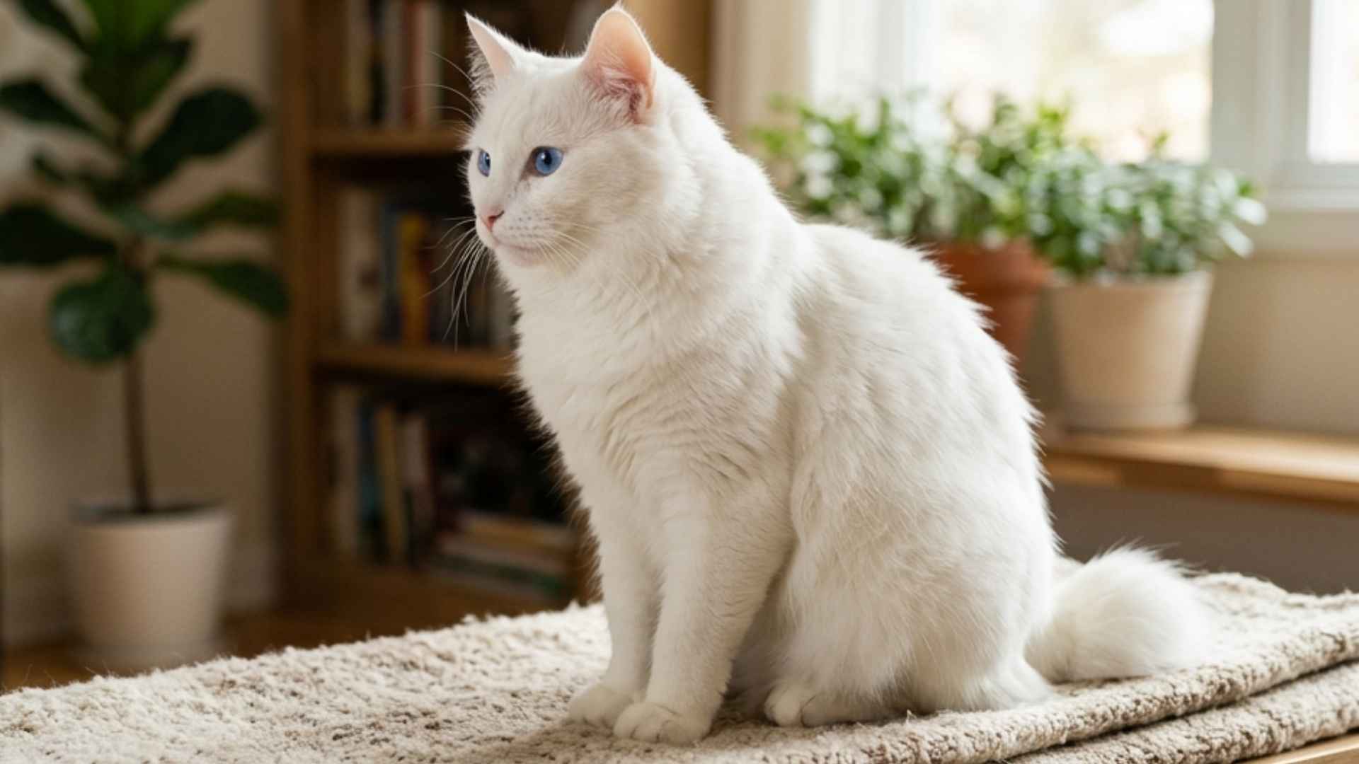 gato kurilian bobtail blanco con ojos azules y cola corta en forma de pompón