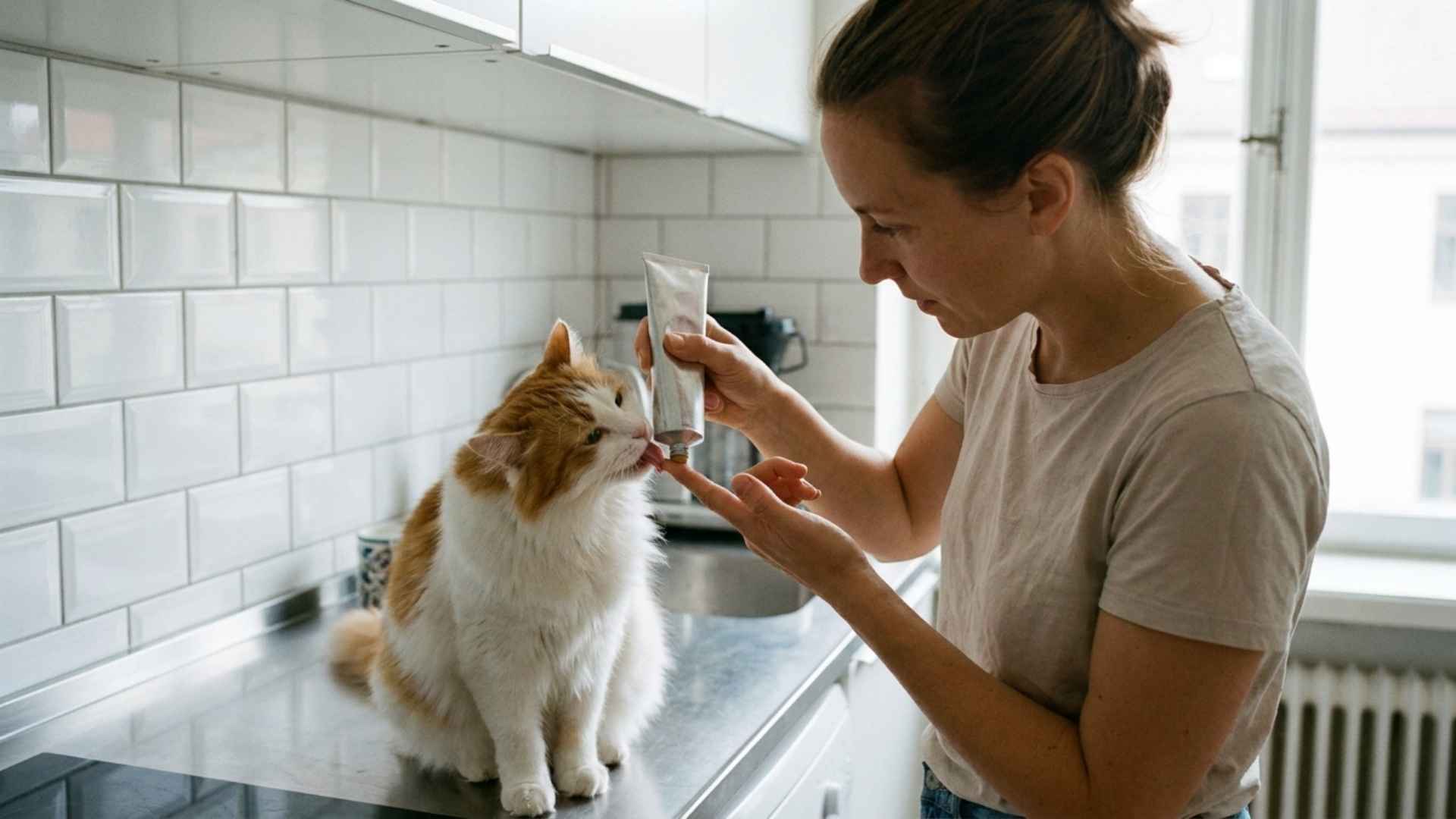 mujer dando malta a su gato