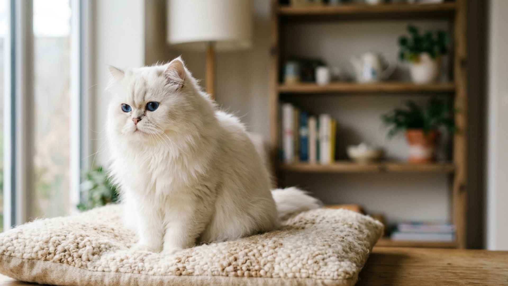 gato persa blanco de pelo largo con ojos azules mirando de frente